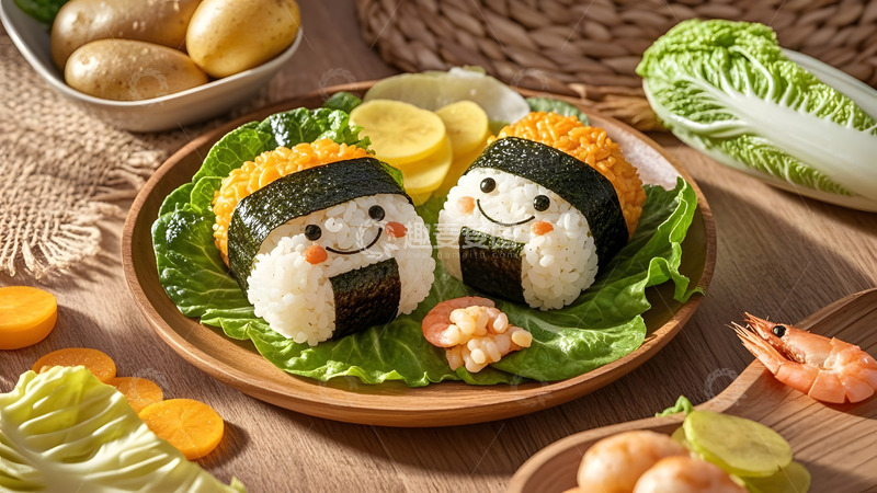 高清大图下载【趣麦麦图】萌趣造型饭团搭配虾仁的创意日式便当摄影