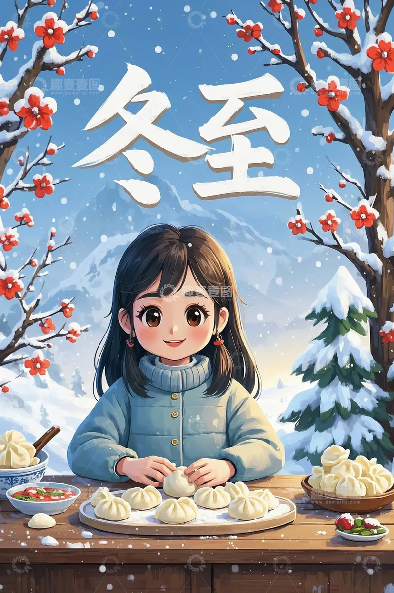 高清大图下载【趣麦麦图】冬至雪景小女孩饺子