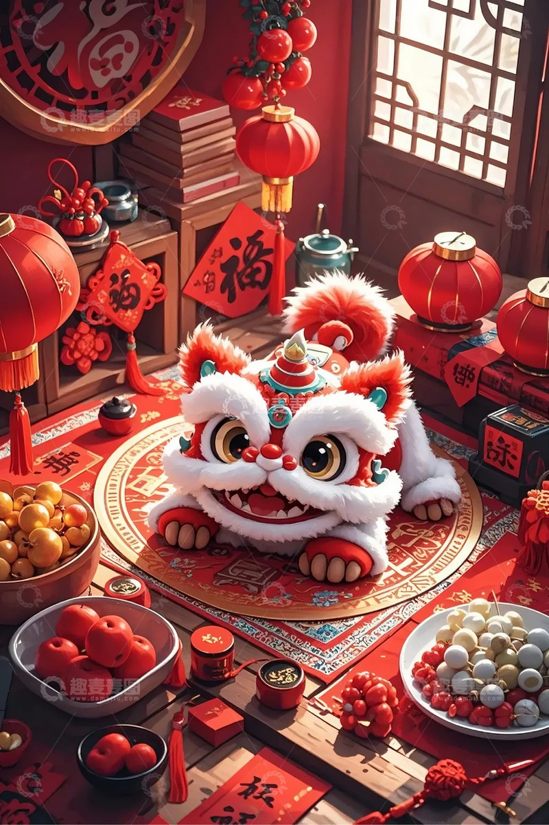 高清大图下载【趣麦麦图】春节喜庆可爱舞狮