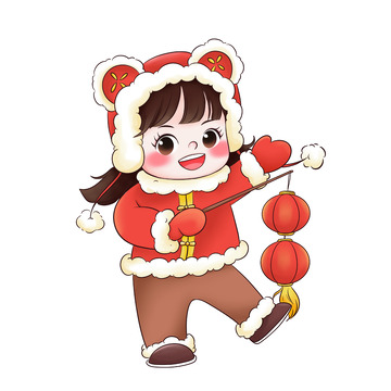 春节手拿灯笼可爱中国风女孩