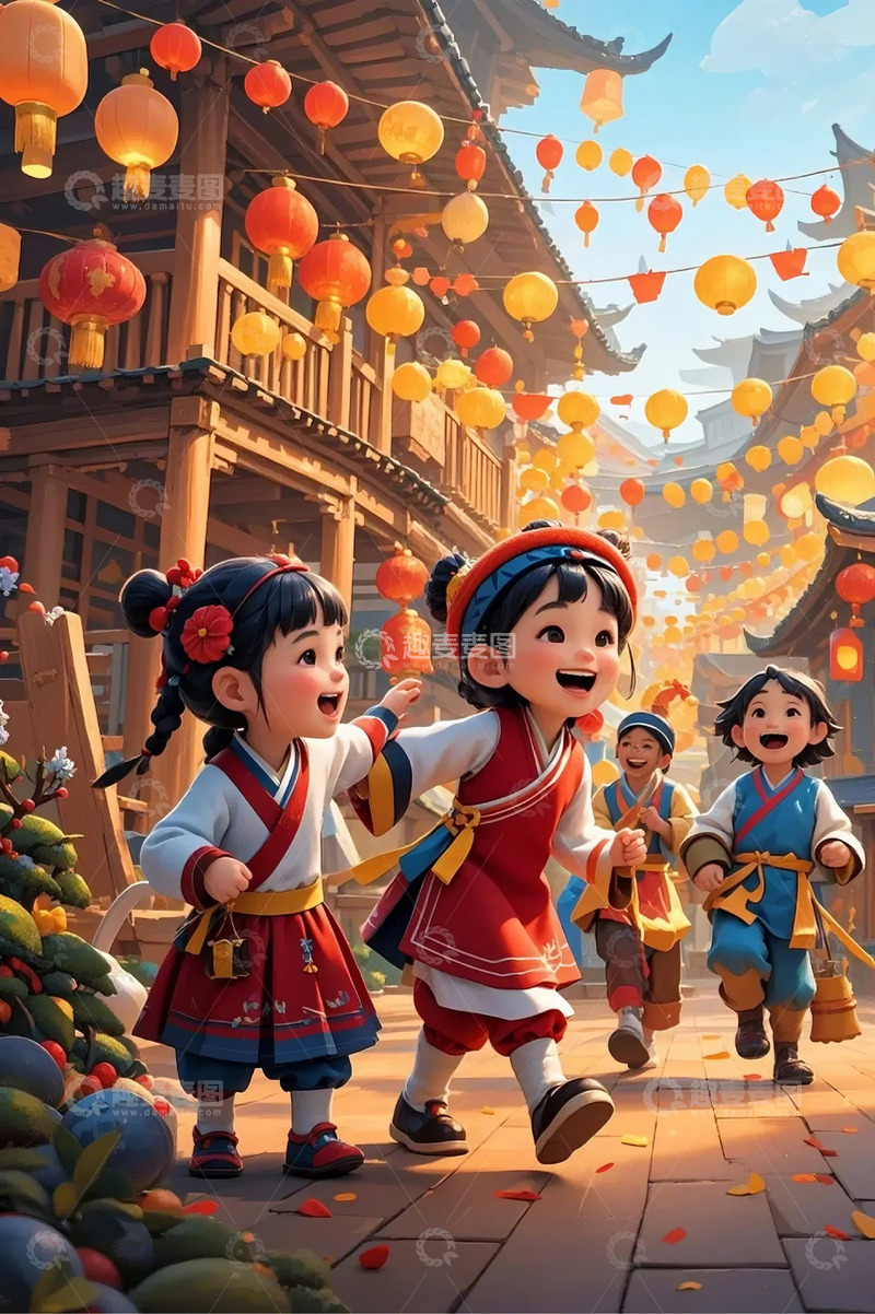 高清大图下载【趣麦麦图】春节灯笼小孩欢乐