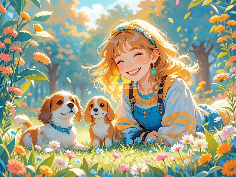 高清大图下载【趣麦麦图】野外草地小狗少女