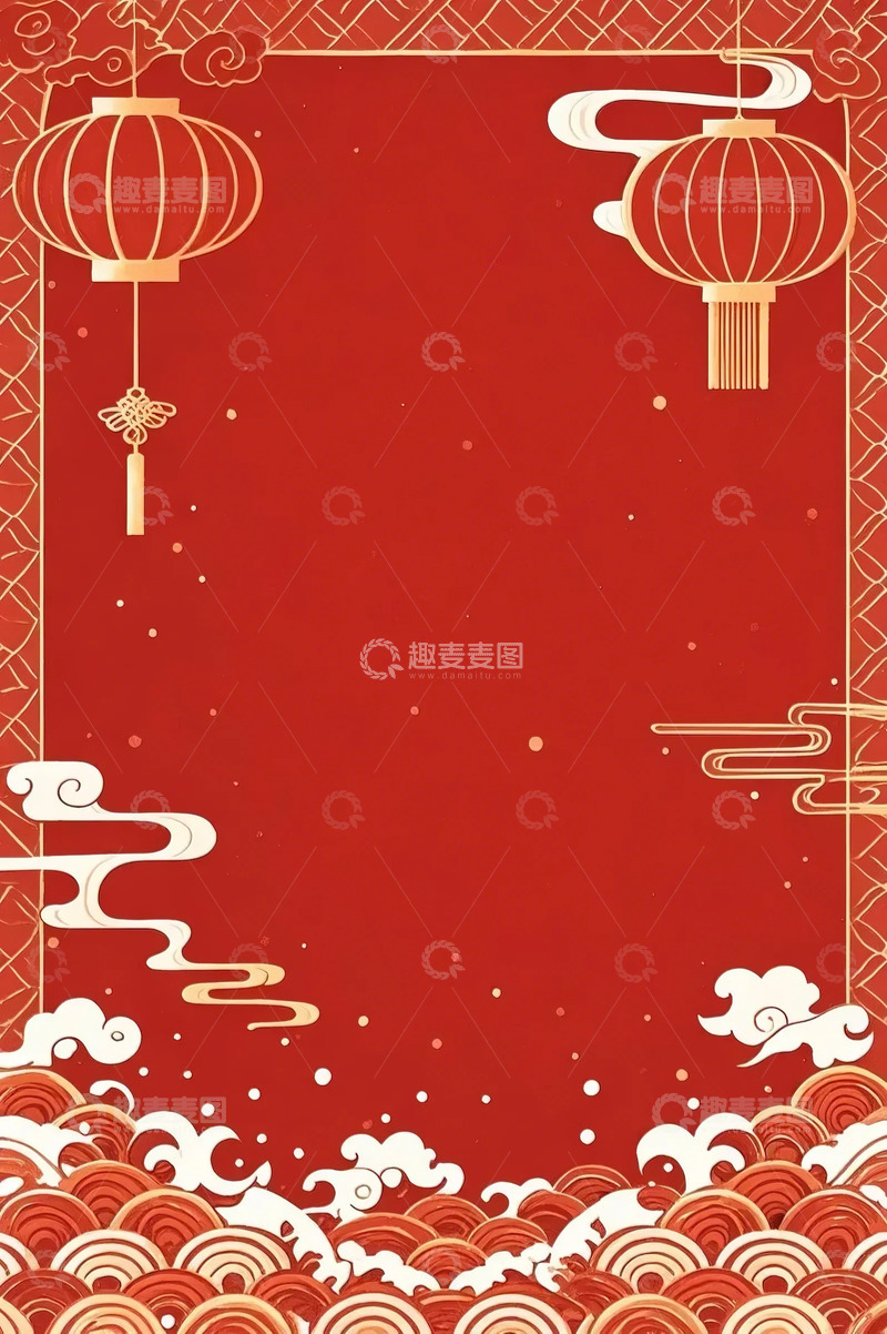高清大图下载【趣麦麦图】红色背景底图海纹灯笼