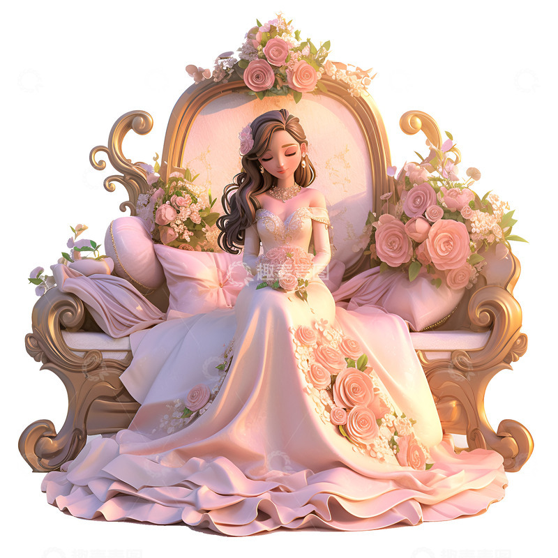 高清大图下载【趣麦麦图】卡通简约坐在婚床上的新娘