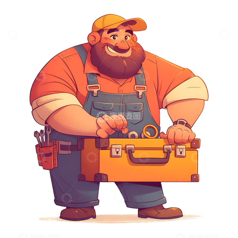 高清大图下载【趣麦麦图】卡通简约提着工具箱的师傅