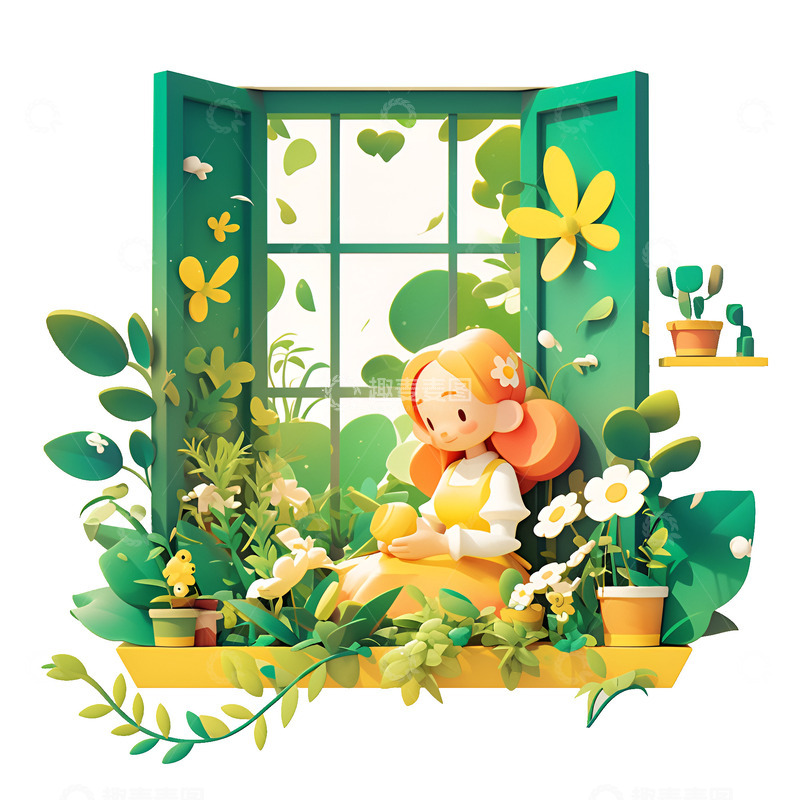 高清大图下载【趣麦麦图】卡通坐在窗边的女孩