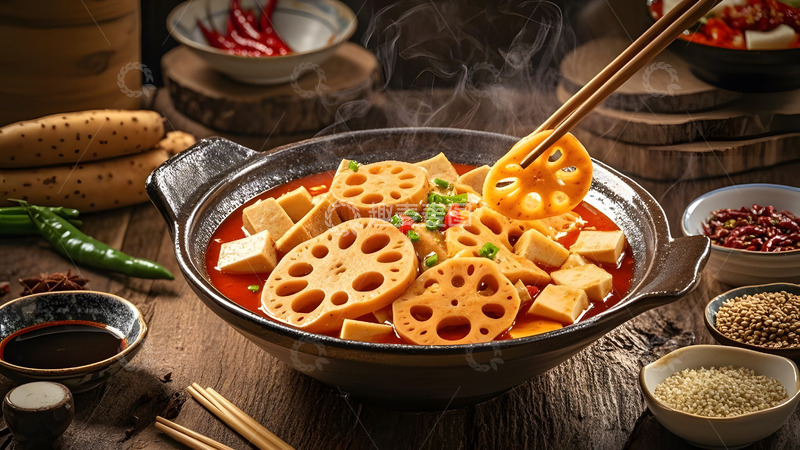 高清大图下载【趣麦麦图】麻辣炖藕片搭配清新葱花