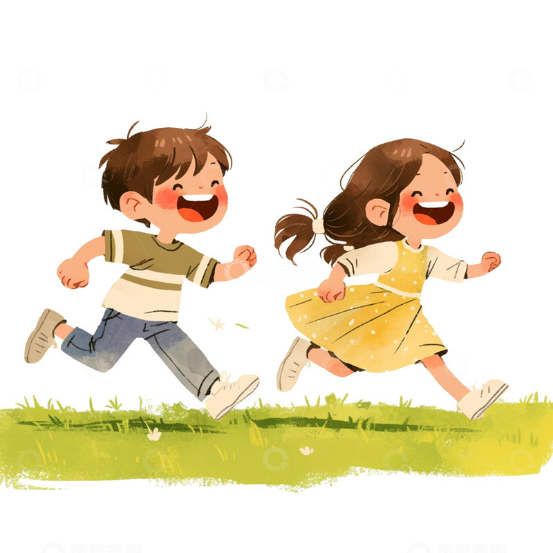 高清大图下载【趣麦麦图】卡通简约奔跑在草地上的小孩