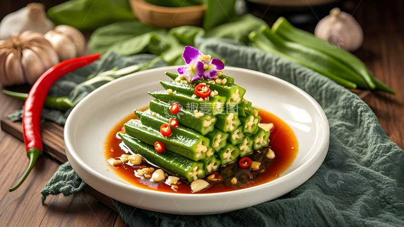 高清大图下载【趣麦麦图】陶碗盛放的蒜香秋葵健康中式家常美食摄影