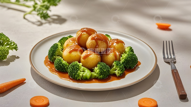 高清大图下载【趣麦麦图】清蒸鱼丸与蔬菜的营养组合