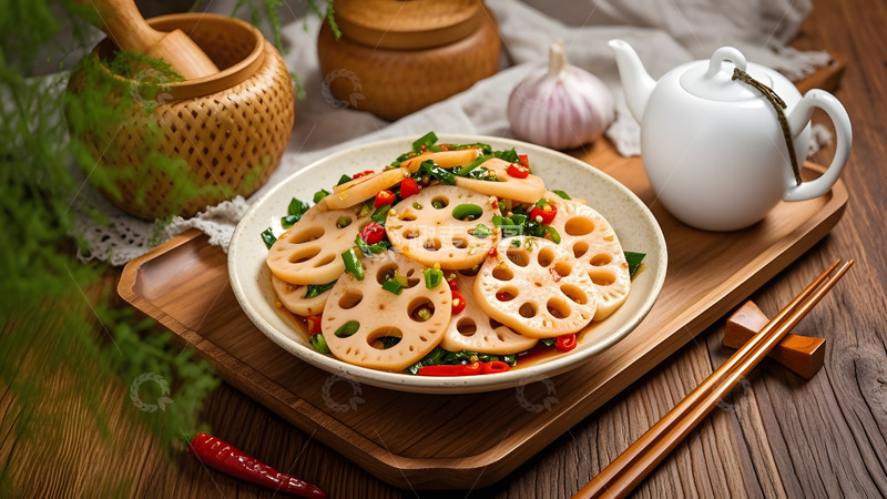 高清大图下载【趣麦麦图】麻辣红油藕片装点传统中式餐桌