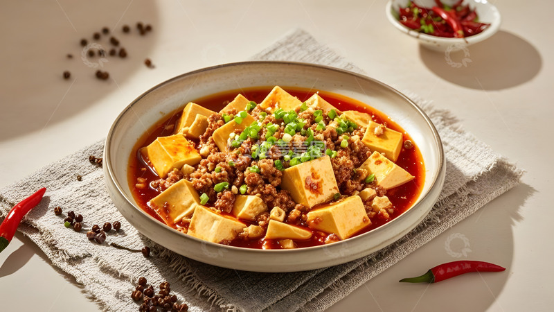 高清大图下载【趣麦麦图】传统风味麻婆豆腐搭配中式餐具