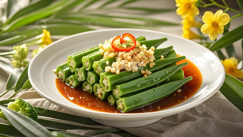 高清大图下载【趣麦麦图】绿叶背景下的蒜蓉秋葵健康家常蔬菜美食摄影