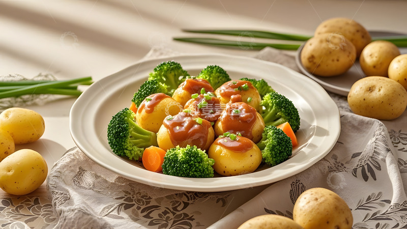 高清大图下载【趣麦麦图】鱼丸与西兰花的清淡健康搭配