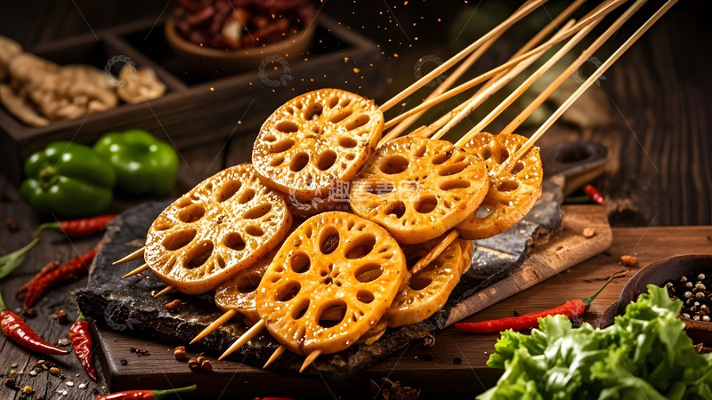 高清大图下载【趣麦麦图】麻辣铁板藕片搭配辣椒点缀