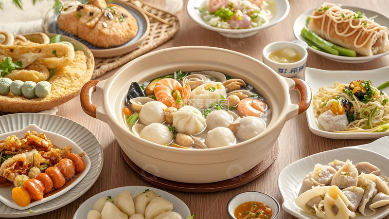 高清大图下载【趣麦麦图】多样配菜与鱼丸的家庭共享美味