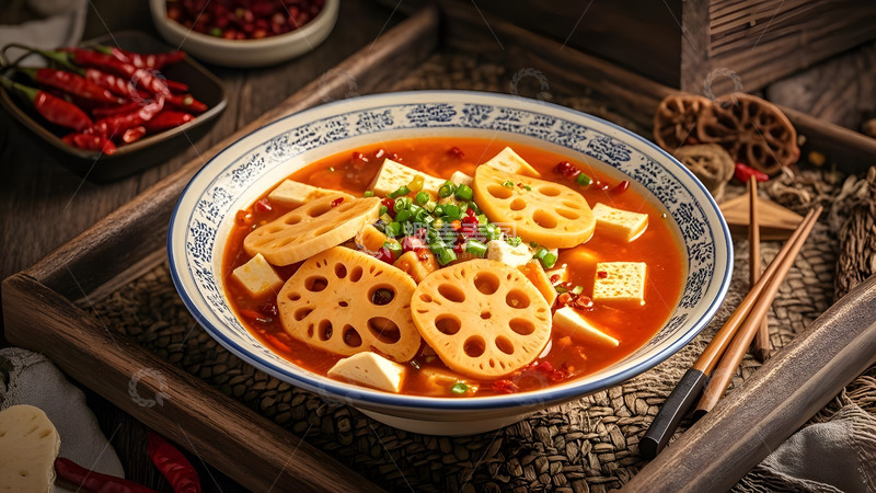 高清大图下载【趣麦麦图】铁板香辣藕片与红椒点缀的结合