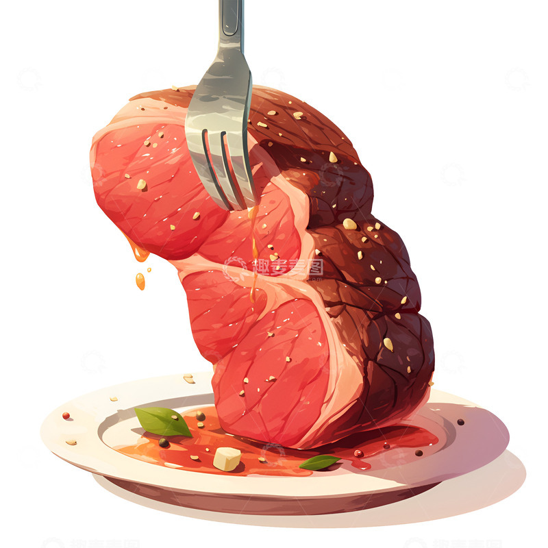 高清大图下载【趣麦麦图】卡通叉子叉起牛肉