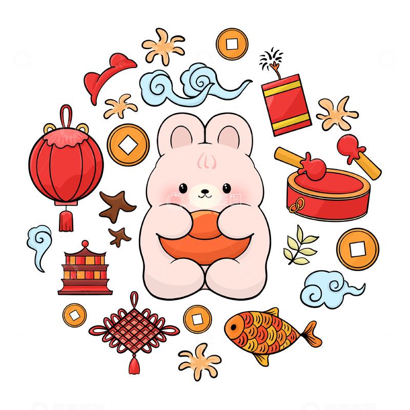 源文件下载【趣麦麦图】春节兔子烟花爆竹灯笼鼓