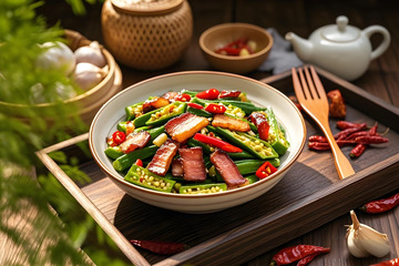 美食秋葵炒腊肉摄影图