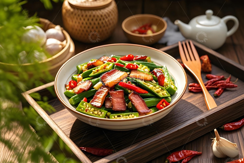 高清大图下载【趣麦麦图】美食秋葵炒腊肉摄影图