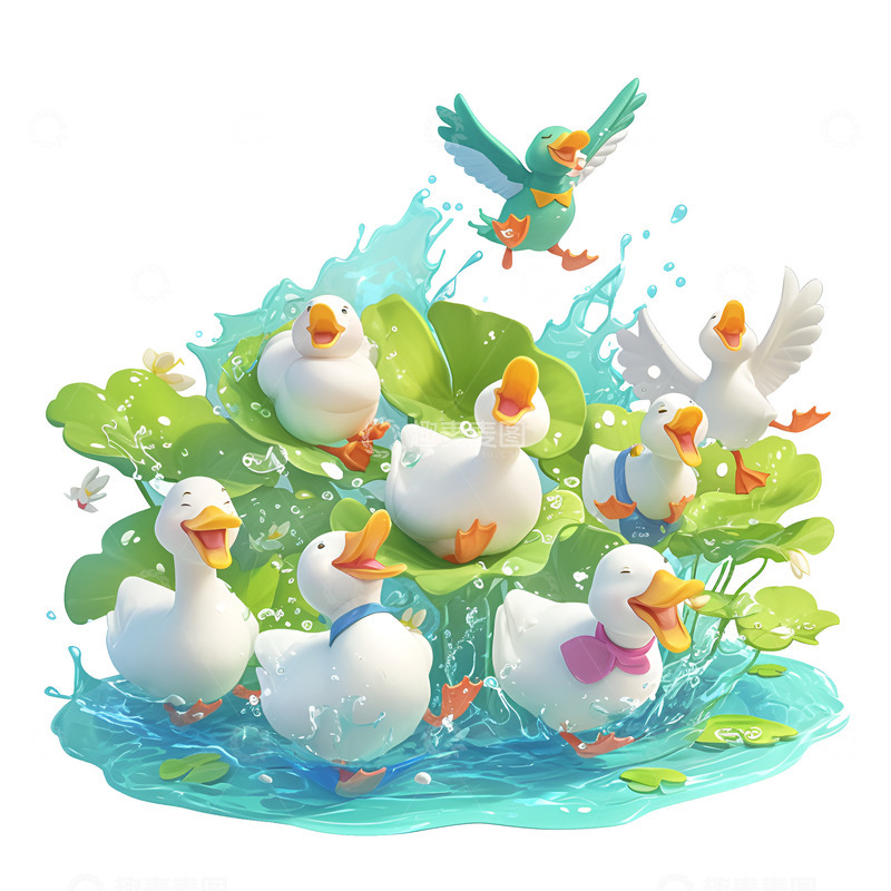 高清大图下载【趣麦麦图】卡通简约戏水的一群鸭子