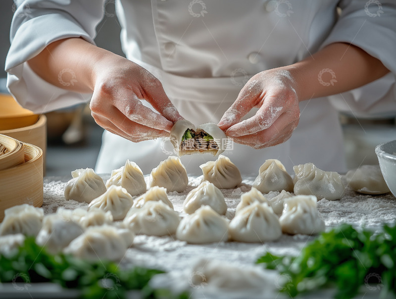 高清大图下载【趣麦麦图】在案板前捏饺子的厨师特写