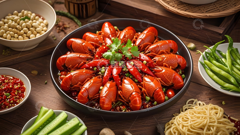 高清大图下载【趣麦麦图】圆盘盛装香辣小龙虾搭配丰富调料