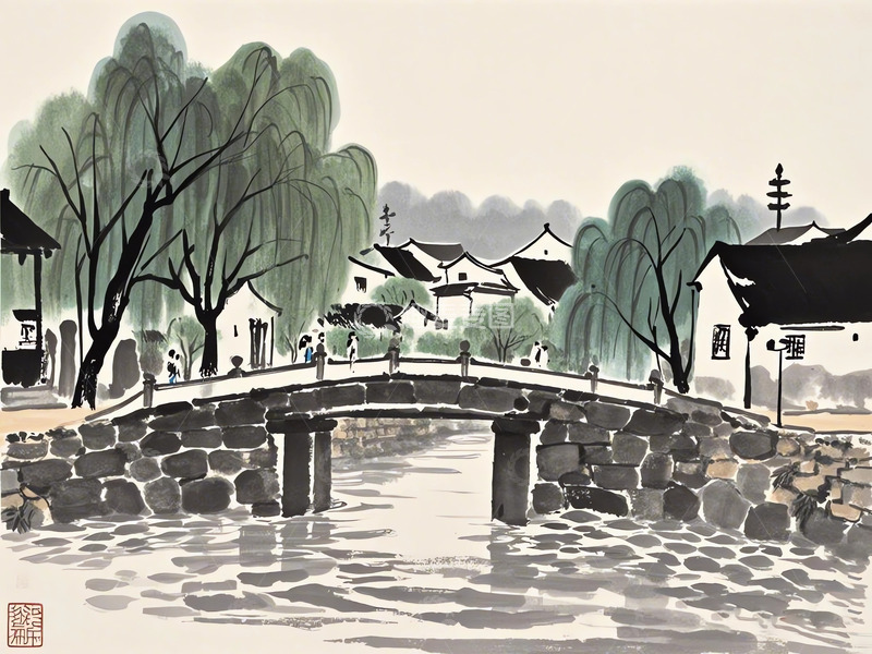 源文件下载【趣麦麦图】滴墨画小桥流水人家