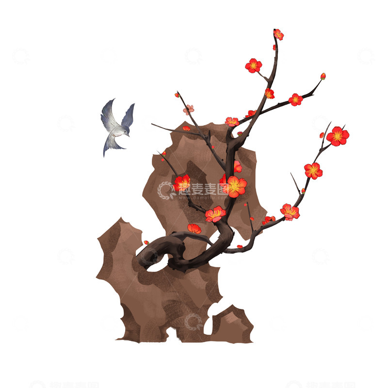 源文件下载【趣麦麦图】手绘国潮假山梅花