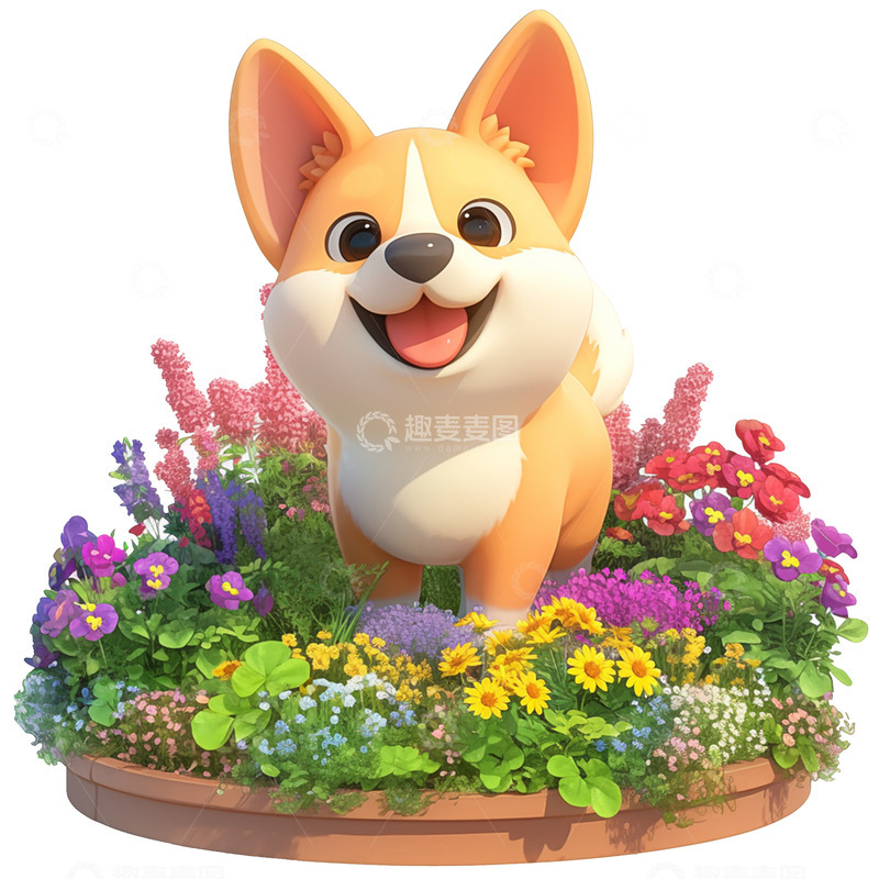 高清大图下载【趣麦麦图】卡通简约坐在花丛中的小柯基