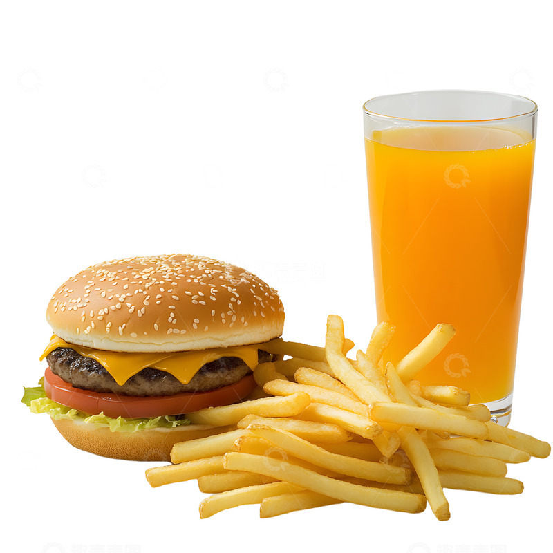 高清大图下载【趣麦麦图】美味的汉堡薯条橙汁