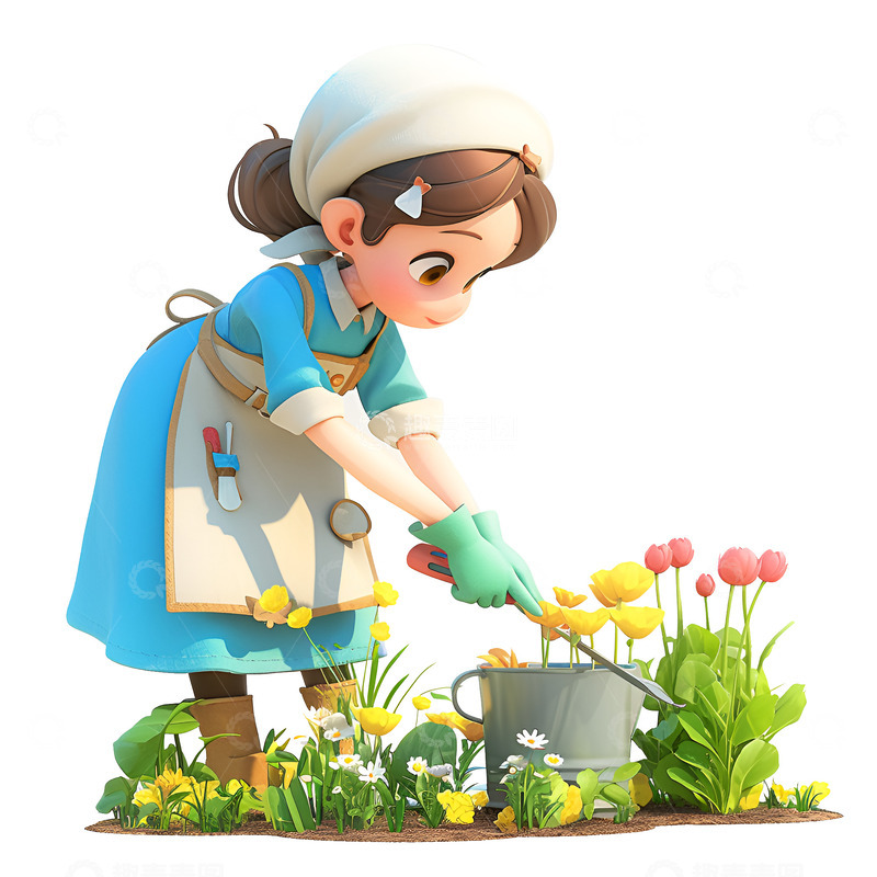 高清大图下载【趣麦麦图】卡通简约种花的妇女
