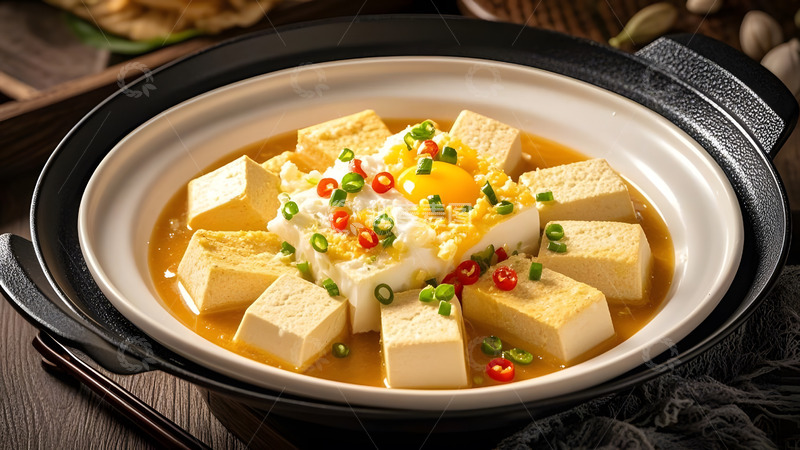 高清大图下载【趣麦麦图】清蒸豆腐搭配绿色葱花简约健康美味