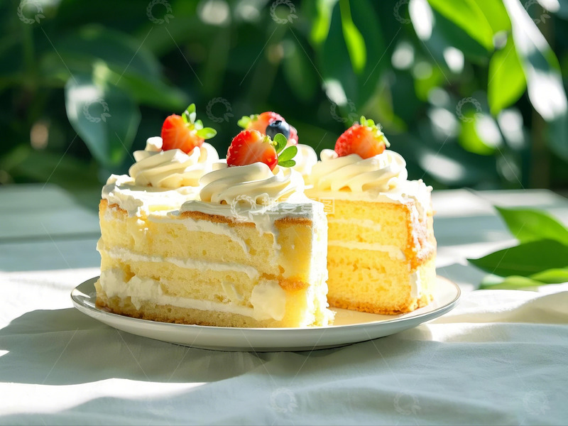 高清大图下载【趣麦麦图】阳光下的草莓奶油蛋糕摄影