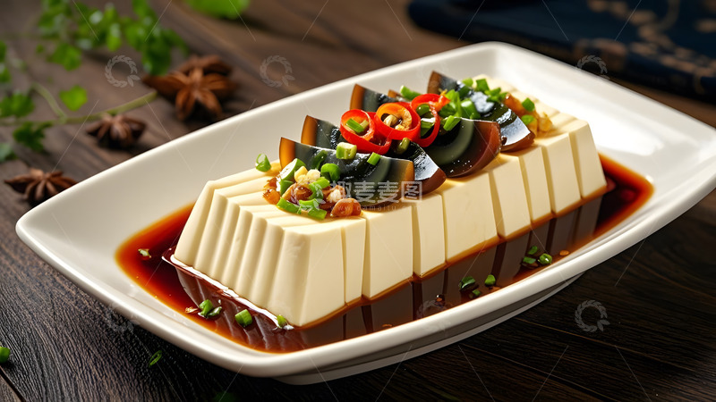 高清大图下载【趣麦麦图】-皮蛋豆腐排健康素食搭配蔬菜摆盘精致