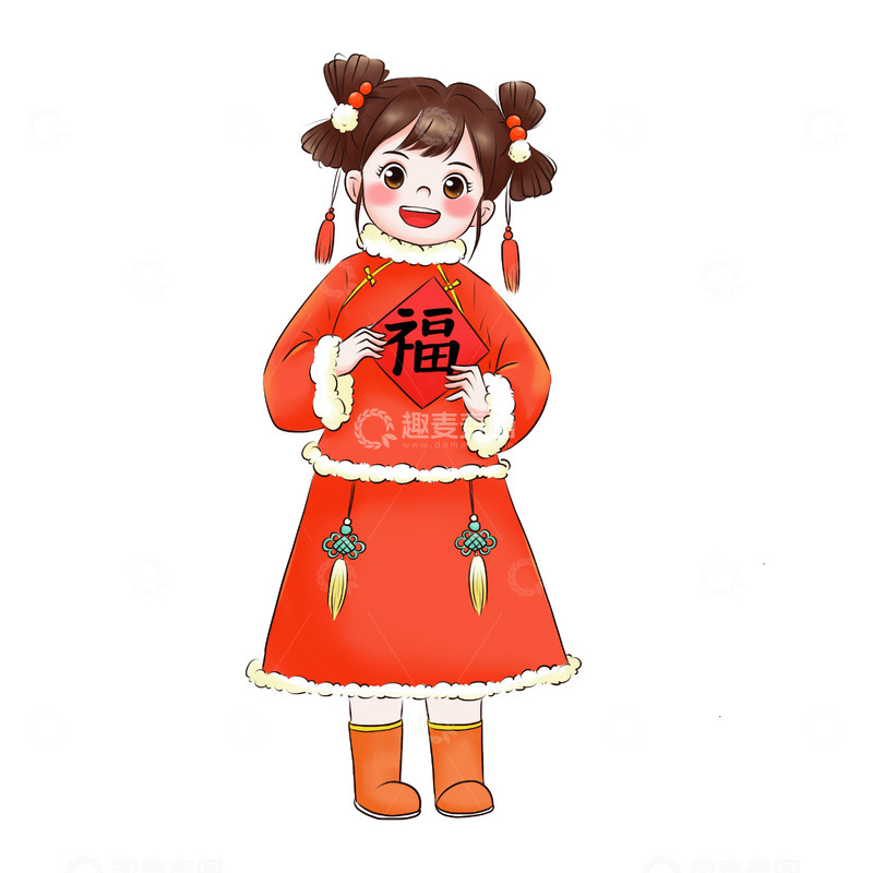 源文件下载【趣麦麦图】喜庆春节节日手拿福字女孩