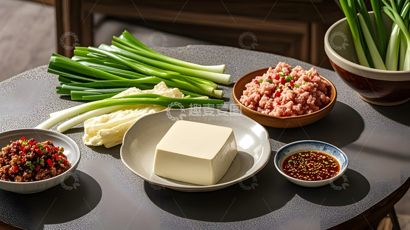 高清大图下载【趣麦麦图】传统手工老豆腐与香葱搭配经典家常风味