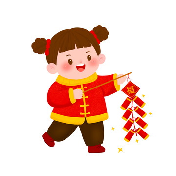 新年放鞭炮的小女孩手绘