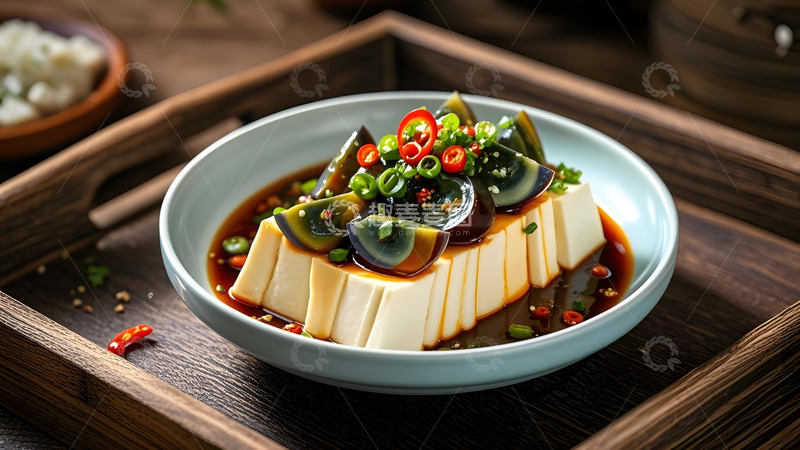 高清大图下载【趣麦麦图】创意摆盘皮蛋豆腐配蔬菜和酱汁