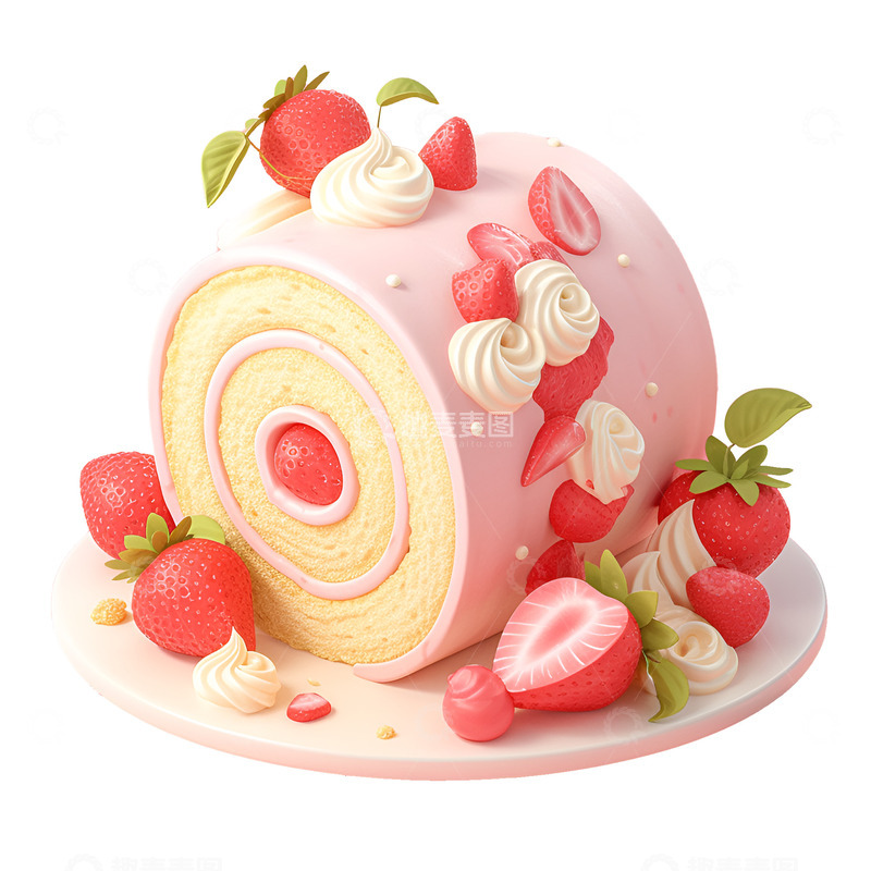 高清大图下载【趣麦麦图】卡通简约草莓蛋糕卷