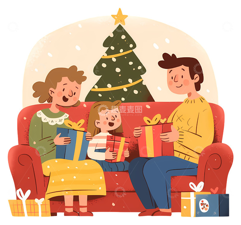 高清大图下载【趣麦麦图】礼物送礼家人聚会插画