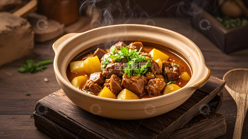 高清大图下载【趣麦麦图】土豆炖牛腩的经典乡村风味美食呈现