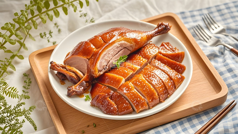 高清大图下载【趣麦麦图】切片烤鸭搭配香葱与酱料的中式经典美味