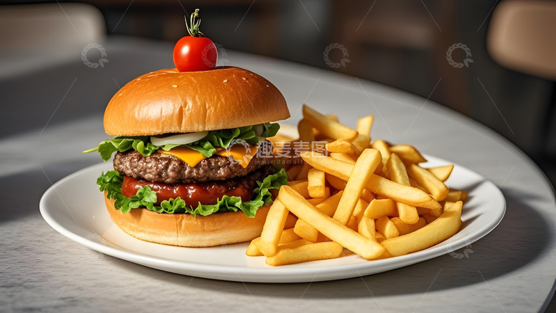 高清大图下载【趣麦麦图】炸至香脆的薯条与汉堡的快餐盛宴