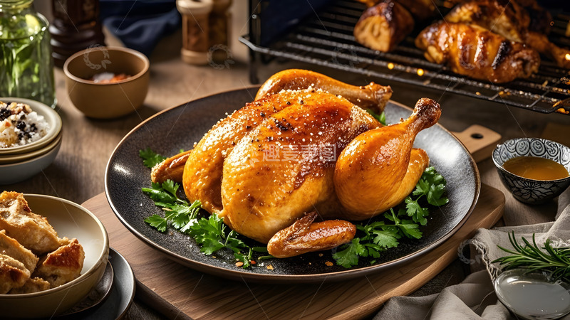 高清大图下载【趣麦麦图】香草装饰的金黄烤鸡搭配新鲜番茄与蔬菜