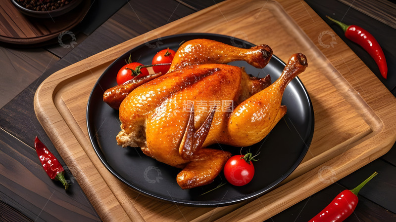 高清大图下载【趣麦麦图】酥脆香嫩的整鸡烤制配柠檬与新鲜香草