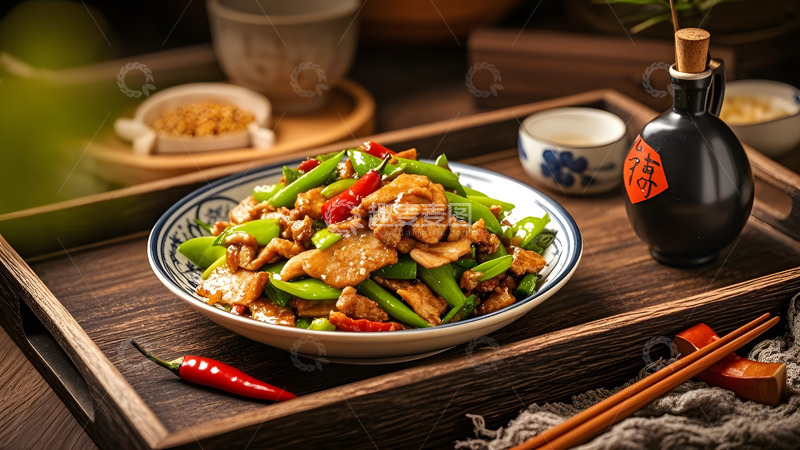 高清大图下载【趣麦麦图】传统家常风味的小炒肉搭配青红辣椒美食图