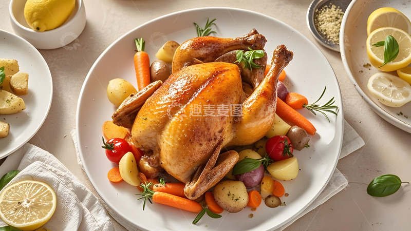 高清大图下载【趣麦麦图】鲜嫩多汁的烤鸡搭配蘑菇与香料的健康大餐