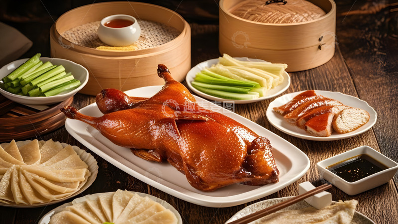 高清大图下载【趣麦麦图】经典北京烤鸭配饼卷与葱段的传统中式美食